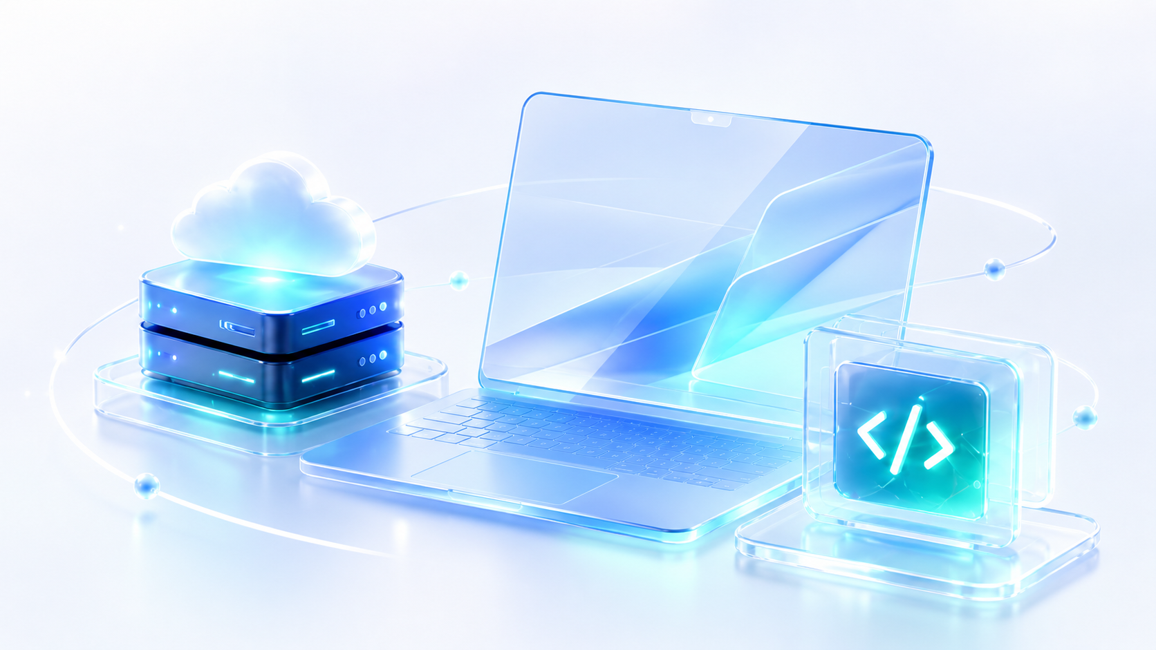 Gläserner Laptop, Cloud-Server und Code-Symbol in Blau und Türkis